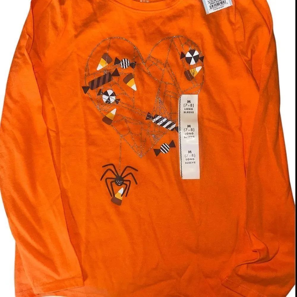 Cat & Jack Orange Long Sleeve Tee with Heart and Spider Design. NWT. Size 7/8.